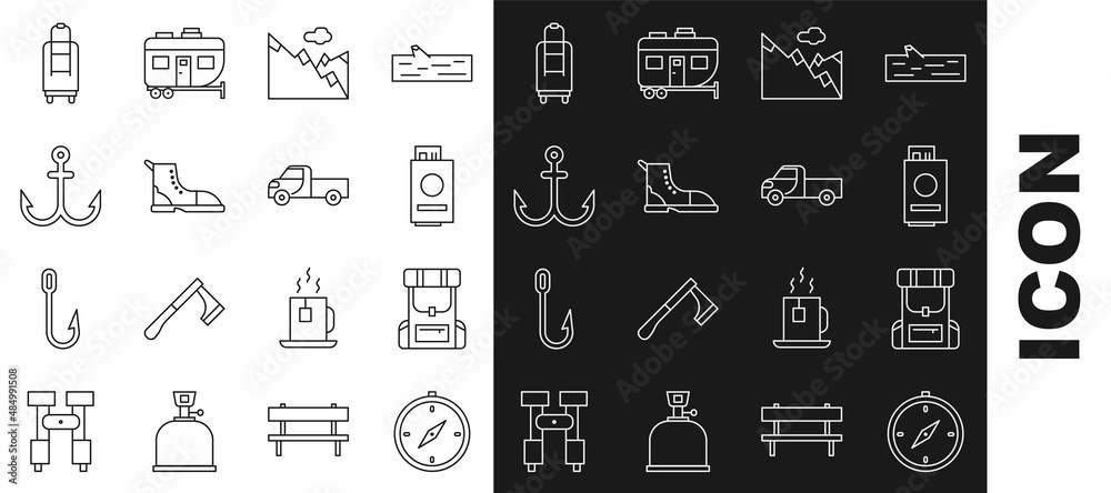 Sticker Set line Compass, Hiking backpack, Passport with ticket, Mountains, boot, Anchor, Suitcase and Pickup truck icon. Vector