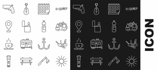 Set line Sun, Swiss army knife, Rv Camping trailer, Calendar, Lighter, Location, Flare gun pistol and Bottle of water icon. Vector