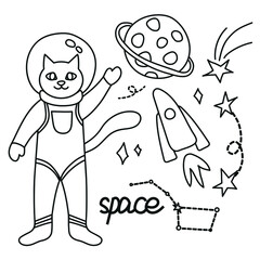 Set of cosmonaut, asteroid, comet and space object vector flat illustration. Cartoon character cat astronaut on planets and stars isolated on background. Space concept.
