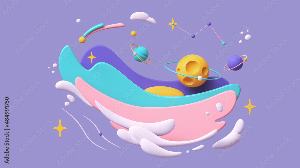 Fototapete cartoon yellow moon with craters floats in purple turquoise pink white clouds on lilac starry sky. m
