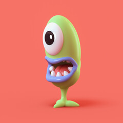 Big-eyed cartoon cute green alien monster with wide open mouth, blue lips, tongue, white teeth stands on a red background. Minimal art style. Concept art kawaii funny scary creature mutant. 3d render