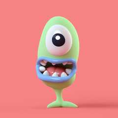Big-eyed cartoon cute green alien monster with wide open mouth, blue lips, tongue, white teeth stands on a red background. Minimal art style. Concept art kawaii funny scary creature mutant. 3d render