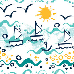 Seamless sea pattern with hand painted gouache ships. Background for greeting cards, invitations, kids decorations. Vector repeating texture.