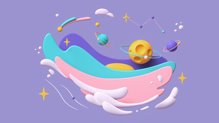 Cartoon yellow moon with craters floats in purple turquoise pink white clouds on lilac starry sky. Magic night backdrop with multicolor objects flying bubbles stars planets. 3d render in pastel colors