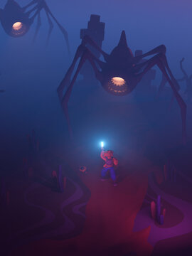 Brave hero lights way with lantern, stands in front of huge spider with sting, glowing yellow mouth with sharp teeth stands its paws in swampy dead landscape. 3d render of mystical place with blue fog