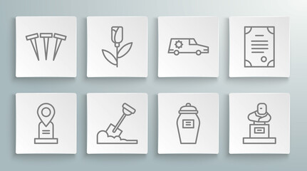 Set line Location grave, Flower rose, Shovel in the ground, Funeral urn, Grave with tombstone, Hearse car, Death certificate and Metallic nails icon. Vector