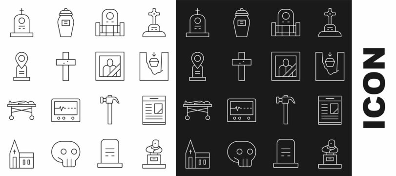 Set line Grave with tombstone, Obituaries, Coffin in grave, Christian cross, Location, and Mourning photo frame icon. Vector