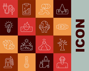 Set line Face in protective mask, Withered tree, Medical, Barrel oil leak, Iceberg, Light bulb with leaf, Electric saving plug and Hands holding Earth globe icon. Vector