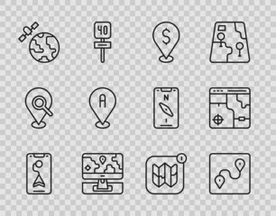 Set line City map navigation, Route location, Cash, Monitor with marker, Satellites orbiting the planet, Location, Infographic of city and icon. Vector