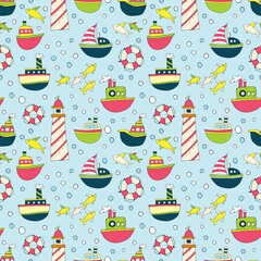 Seamless background with cartoon ships. Children's style.