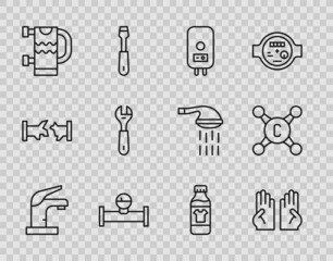 Set line Water tap, Rubber gloves, Electric boiler, Industry pipe and manometer, Heated towel rail, Wrench spanner, Bottle for cleaning agent and icon. Vector