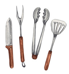 BBQ tools and utensils. Watercolor kitchen tools Illustration
