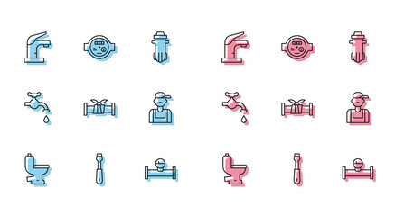 Set line Toilet bowl, Screwdriver, Water tap, Industry pipe and manometer, metallic, Plumber, and icon. Vector