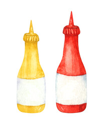 Hand drawn watercolor set of various souses for picnic. Ketchup and Mustard.