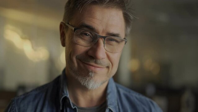 Portrait of of happy casual middle age casual man in glasses, smiling.