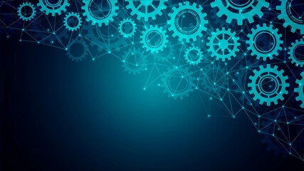 Vector glowing neon background. Design of technical mechanisms, gears. The texture plexus network lines, particles, stars, dots. Poster of technology, medicine, social networks, websites.