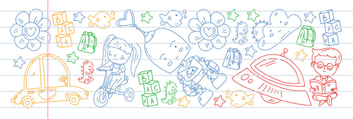 School and kindergarten vector pattern with little children. Girl and boys play and study