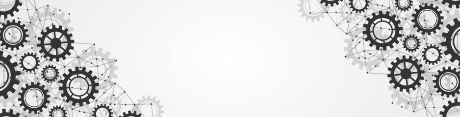 Vector halftone frame background. Design of technical mechanisms, gears. Texture of connection plexus  network lines, particles, stars, dots. Poster of technology, medicine, social networks, websites.