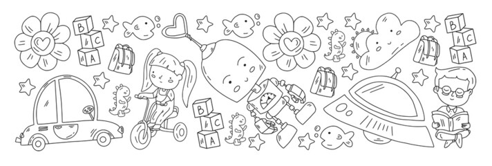 Obraz premium School and kindergarten vector pattern with little children. Girl and boys play and study