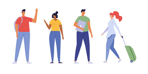 Multicultural students learning in international high school. Concept of foreign study, global education, student exchange program, educational tourism. Vector illustrations set in flat design