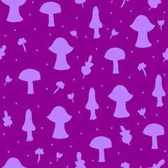 Seamless hand drawn pattern with abstract mushrooms silhouette,leaves and flower.creative autumn texture for fabric,wrapping,textile,cover and interior design,very peri mushrooms on purple background