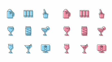 Set line Wine glass, Martini, Wooden beer mug, Alcohol or bar location, Beer can, Cocktail, and Shot icon. Vector