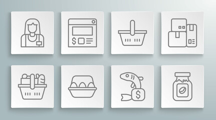 Set line Shopping basket and food, Online ordering delivery, Chicken egg box, Price tag for fish, Coffee jar bottle, Cash register machine and Seller icon. Vector