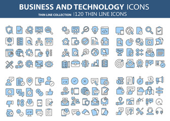 Business and marketing, programming, data management, internet connection, social network, computing, information. Thin line blue icons set. Flat vector illustration	
