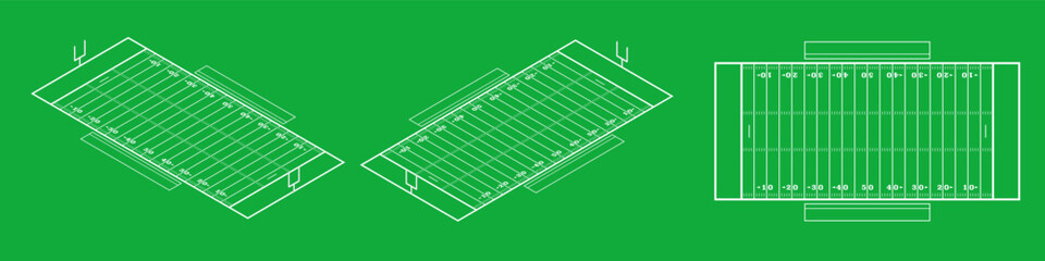 American football field blueprint in vectors. Isometric perspective and flat top view. 