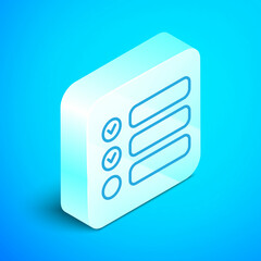 Isometric line Task list icon isolated on blue background. Control list symbol. Survey poll or questionnaire feedback form. Silver square button. Vector Illustration