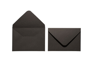 Top view photo of two open and closed black envelopes on isolated white background with empty space