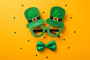 Top view photo of st patrick's day decorations funny outfit hat shaped party glasses and green...