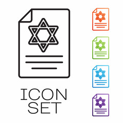Black line Torah scroll icon isolated on white background. Jewish Torah in expanded form. Star of David symbol. Old parchment scroll. Set icons colorful. Vector
