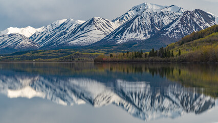 Panoramic view of a northern Canadian scene outside of Haines Junction in Yukon, Canada. Taken in...
