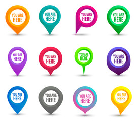 You are here sign icons pin marks set. Destination or location point set, concept. Pin position marker design - obrazy, fototapety, plakaty