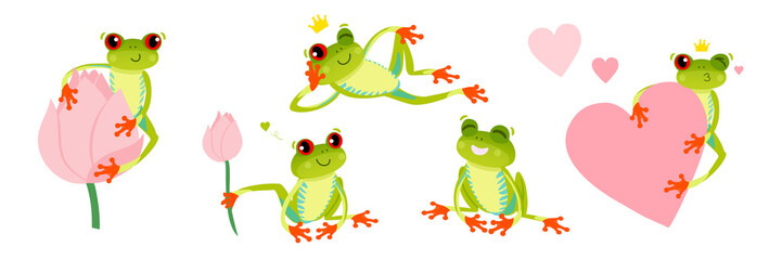 Set of cute red eyed frogs. Tree frog in different poses. Vector illustration. Isolated on white backdrop.