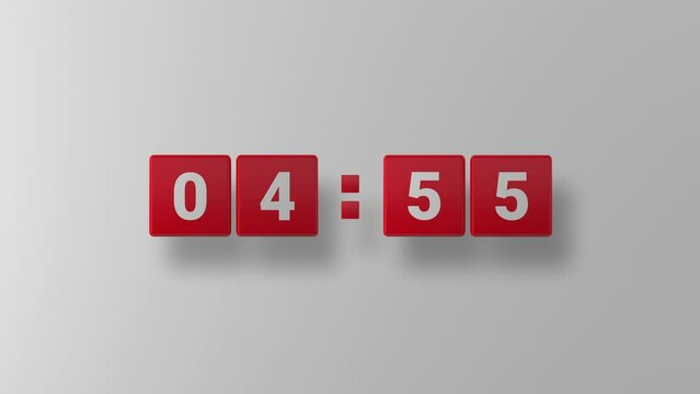 Countdown. Countdown 5 minutes. Countdown on glossy red box. Red cube. White background. 3D. 3D Rendering