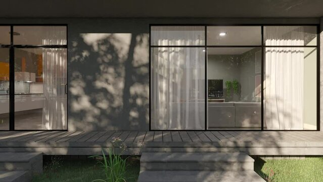 Outside View of the Kitchen and the Living Room in Natural Daylight 3D Rendering