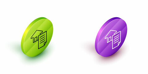 Isometric line House contract icon isolated on white background. Contract creation service, document formation, application form composition. Green and purple circle buttons. Vector