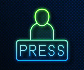 Glowing neon line Journalist news reporter icon isolated on blue background. Vector