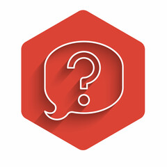 White line Speech bubble chat icon isolated with long shadow background. Message icon. Communication or comment chat symbol. Red hexagon button. Vector