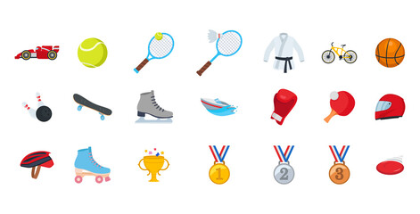 All type of sports, recreation, fitness emojis, emoticons, stickers. Games, horse riding, rider, soccer, football balls, mountain biking symbols, vector illustration icons, concept, set, collection
