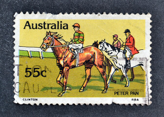  Cancelled postage stamp printed by Australia, that shows Racehorse Peter Pan, circa 1978.