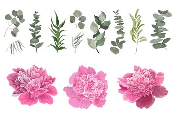 Vector set of pink peonies and plants. Compositions of plants. Plants and flowers isolated on a white background. Elements for floral design.