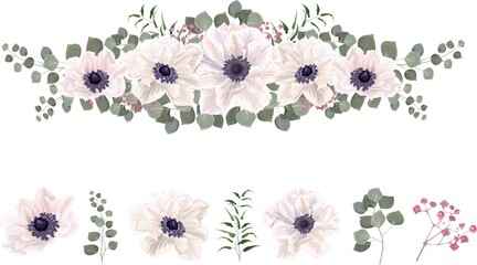Floral vector border. White anemones, eucalyptus, pink gypsophila, green plants and leaves. All elements are isolated on white background