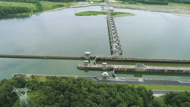 Aerial Footage of Ohio River Lock and Dam system between Indiana and Kentucky. 