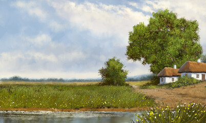 Oil paintings rural landscape, artwork, landscape with a river, old house on the lake