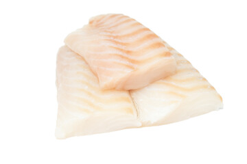 Raw pieces of cod fish loins isolated on white background.