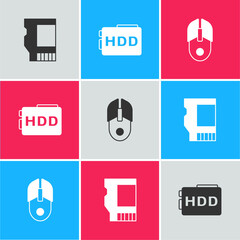 Set SD card, Hard disk drive HDD and Computer mouse icon. Vector