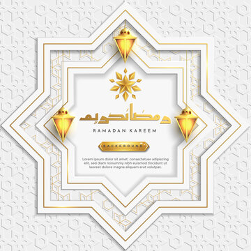 Ramadan kareem islamic greeting background with crescent moon , lantern, star and arabic pattern